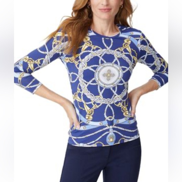 J. McLaughlin Blue and Gold Nautical Print Catalina cloth top size small - Picture 1 of 9